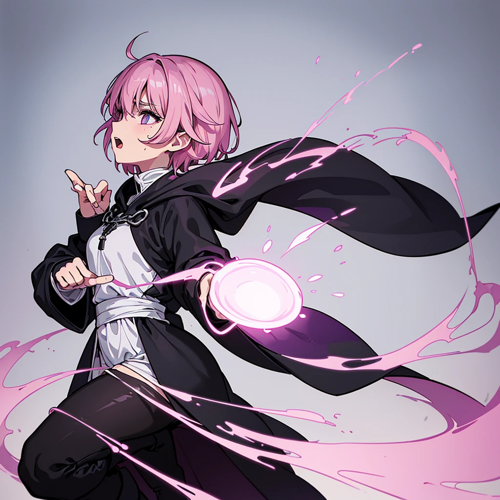(Full body character concept)、Best illustrations、Best Quality、(Solo、23 years old)、(The same face:1.1),Medieval Fantasy、Magic wand,(White Background)、(Pink Hair、Very Short Hair、Align your bangs)、(Black hood、Long sleeve、Black Robe、pants、Knee-high boots)、(From the side、profile)、Run、(get annoyed、Open your mouth、Sweat)