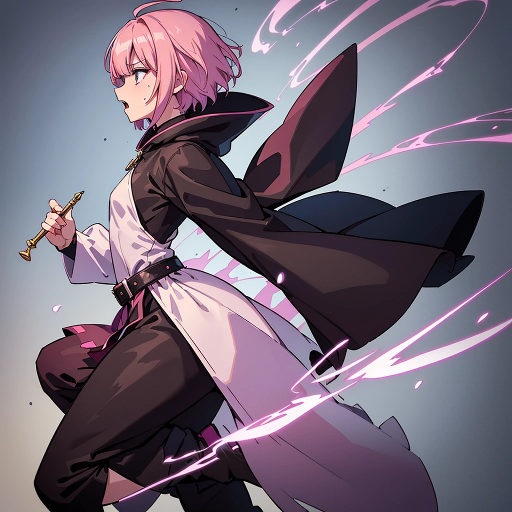 (Full body character concept)、Best illustrations、Best Quality、(Solo、23 years old)、(The same face:1.1),Medieval Fantasy、Magic wand,(White Background)、(Pink Hair、Very Short Hair、Align your bangs)、(Black hood、Long sleeve、Black Robe、pants、Knee-high boots)、(From the side、profile)、Run、(get annoyed、Open your mouth、Sweat)