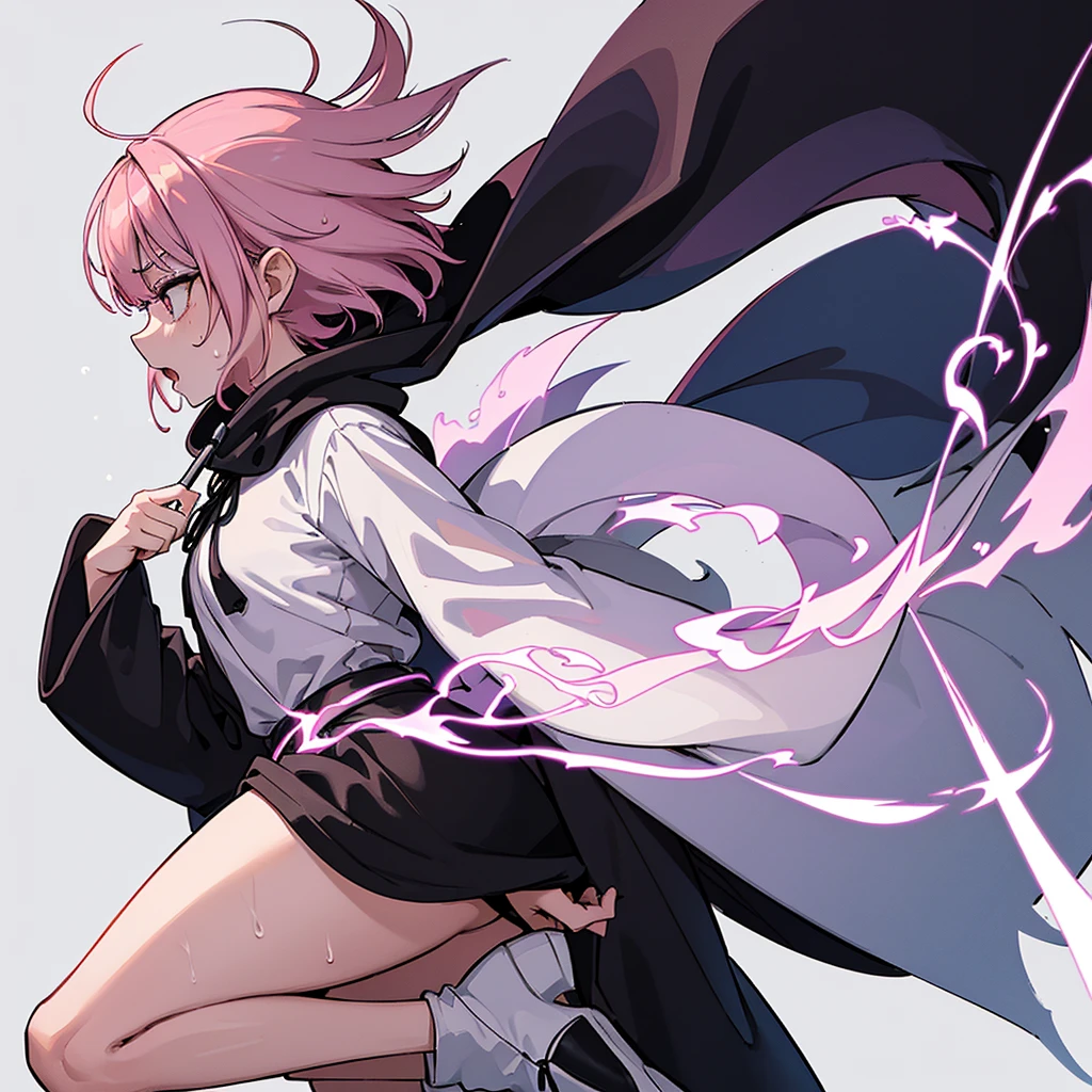 (Full body character concept)、Best illustrations、Best Quality、(Solo、23 years old)、(The same face:1.1),Medieval Fantasy、Magic wand,(White Background)、(Pink Hair、Very Short Hair、Align your bangs)、(Black hood、Long sleeve、Black Robe、pants、Knee-high boots)、(From the side、profile)、Run、(get annoyed、Open your mouth、Sweat)