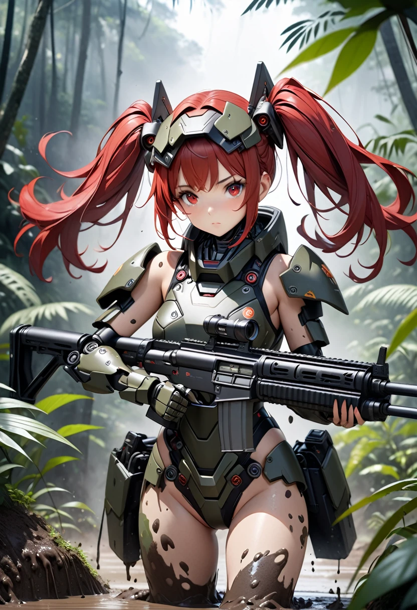 a high quality 8k photo of 1 girl robot girl with red hair, twin tails, red eyes, robo girl style armor on head, deep in the jungle with foggy, camouflage robot style body armor, robot-style camouflage barrettes, covered in mud, her face covered in mud and holding a large machine gun in both hands, highly detailed, photorealistic, masterpiece, hyper detailed, cinematic lighting, dramatic pose