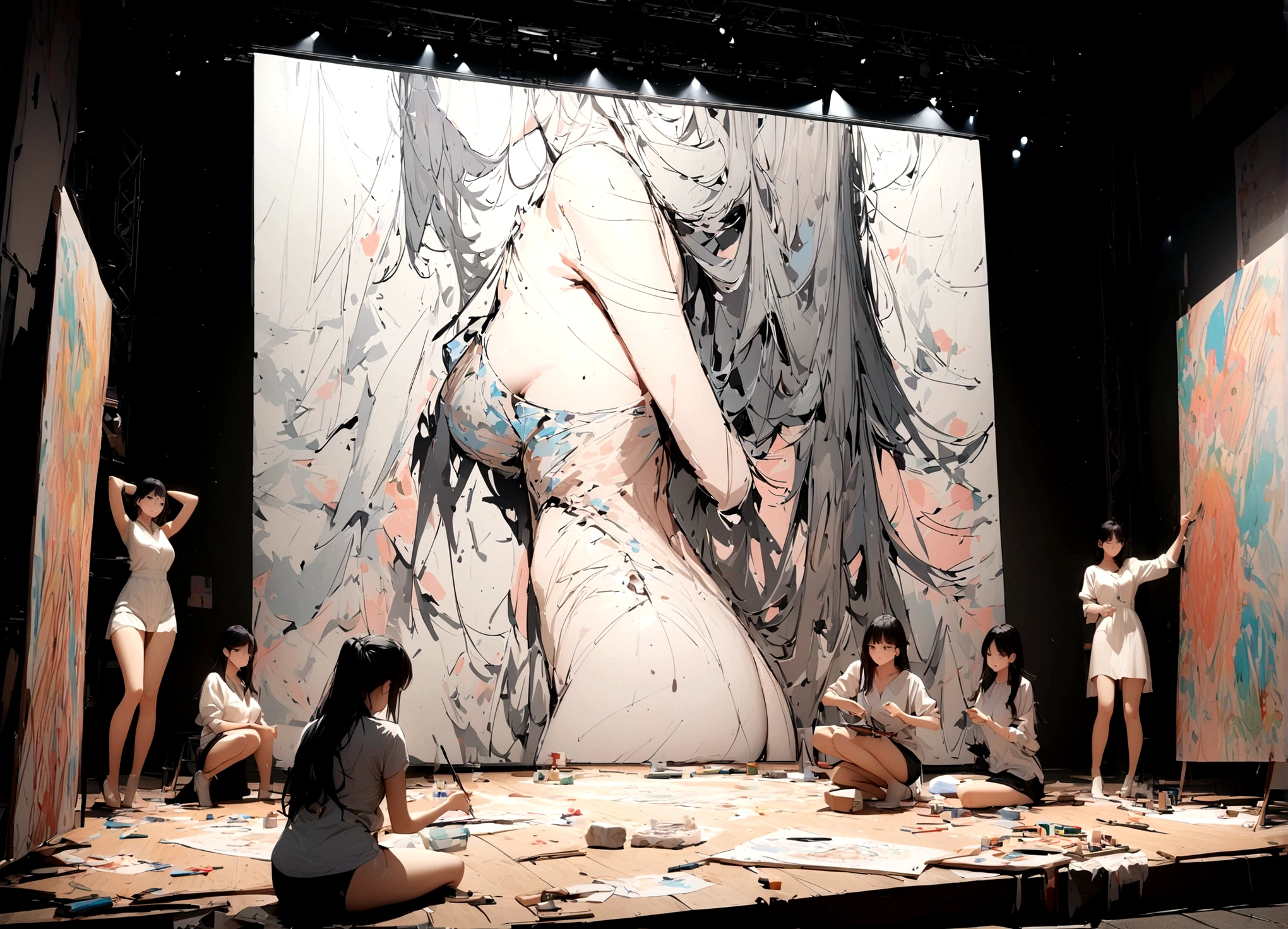Perfect art, masterpiece, super detailed images, high res, 4K, 8K, animated drawings, beautiful women modeling, perfect sensual beauty, seductive posing, stage, students surrounding, sketching, art room,