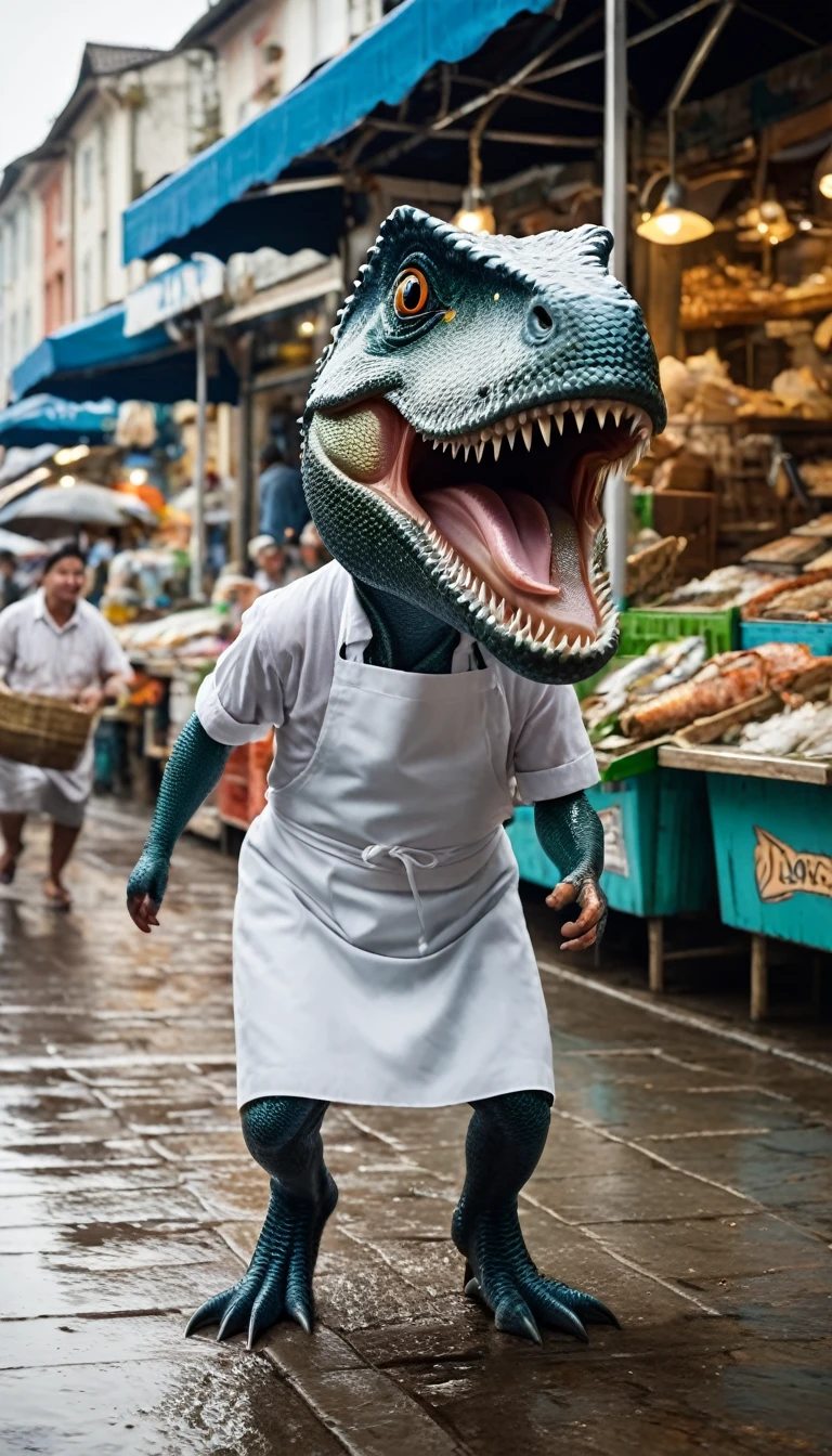 A still of a little dinosaur that just stole a fish from a fish store, Dinosaur escapes in the market,There is a male human in a white apron chasing after him from behind.,Shallow depth of field, Vignette, Very detailed, High Budget, Bokeh, Widescreen, epic, Gorgeous, Film Grain, Granular,Dinosaur chased by fishmonger. This fish looks silvery.,Medium size. In the background, fishmonger shouts at dinosaurs. The scene is a street in an open-air market, There are stalls and people walking. photo, Wet film, 4K, 8K ,Ultra HD