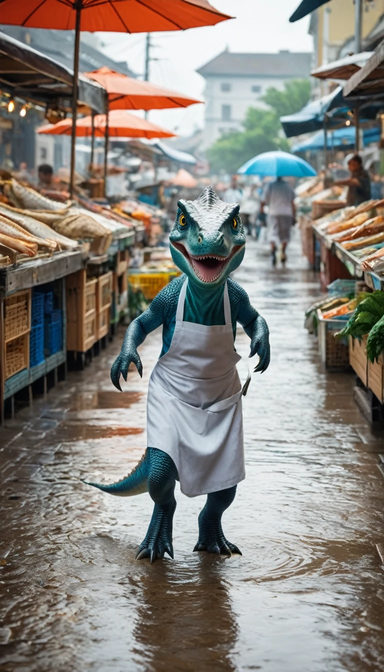 A still of a little dinosaur that just stole a fish from a fish store, Dinosaur escapes in the market,There is a male human in a white apron chasing after him from behind.,Shallow depth of field, Vignette, Very detailed, High Budget, Bokeh, Widescreen, epic, Gorgeous, Film Grain, Granular,Dinosaur chased by fishmonger. This fish looks silvery.,Medium size. In the background, fishmonger shouts at dinosaurs. The scene is a street in an open-air market, There are stalls and people walking. photo, Wet film, 4K, 8K ,Ultra HD