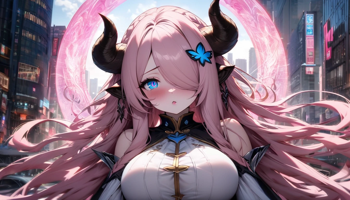 Narmaya has just stepped through a portal from her fantasy world into modern America. She stands in awe of the city buildings around her as the portal behind her closes. She's is wearing her traditional white outfit. In the background The magical glowing portal and city skyline are visible. The image is life-like and semi-realistic. Extreme detail has been put into the shading. Extend detail has been put into making Narmaya the focal point. It's a masterpiece of fantasy art.(masterpiece), best quality, expressive eyes, perfect face, portal, American city, sky scrapers, seductive, erotic, fantasy, 8k, absurdres, narmaya, pink hair, blue eye with pink pupil, hair over eye, draph, horns, butterfly hair clip,