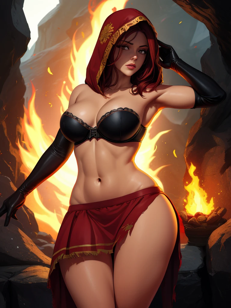 Dsorceress, redhair, shadowy face,dark cave, fire, hood, shadowed face, strapless bra, slim and athletic body, miniskirt, no panty, elbow gloves, dark skin, 1 girl (insanely detailed, masterpiece, best quality)