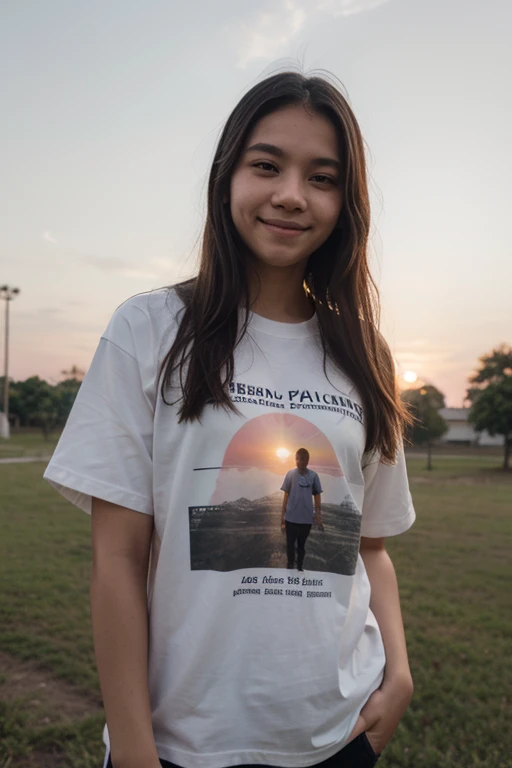 
line, a young student with long hair and wearing a campus t-shirt, standing in the middle of a wide field at Ikest Muhammadiyah Palembang Campus. He smiled brightly, with the rising sun illustrating the start of a bright day. images using storyboard form