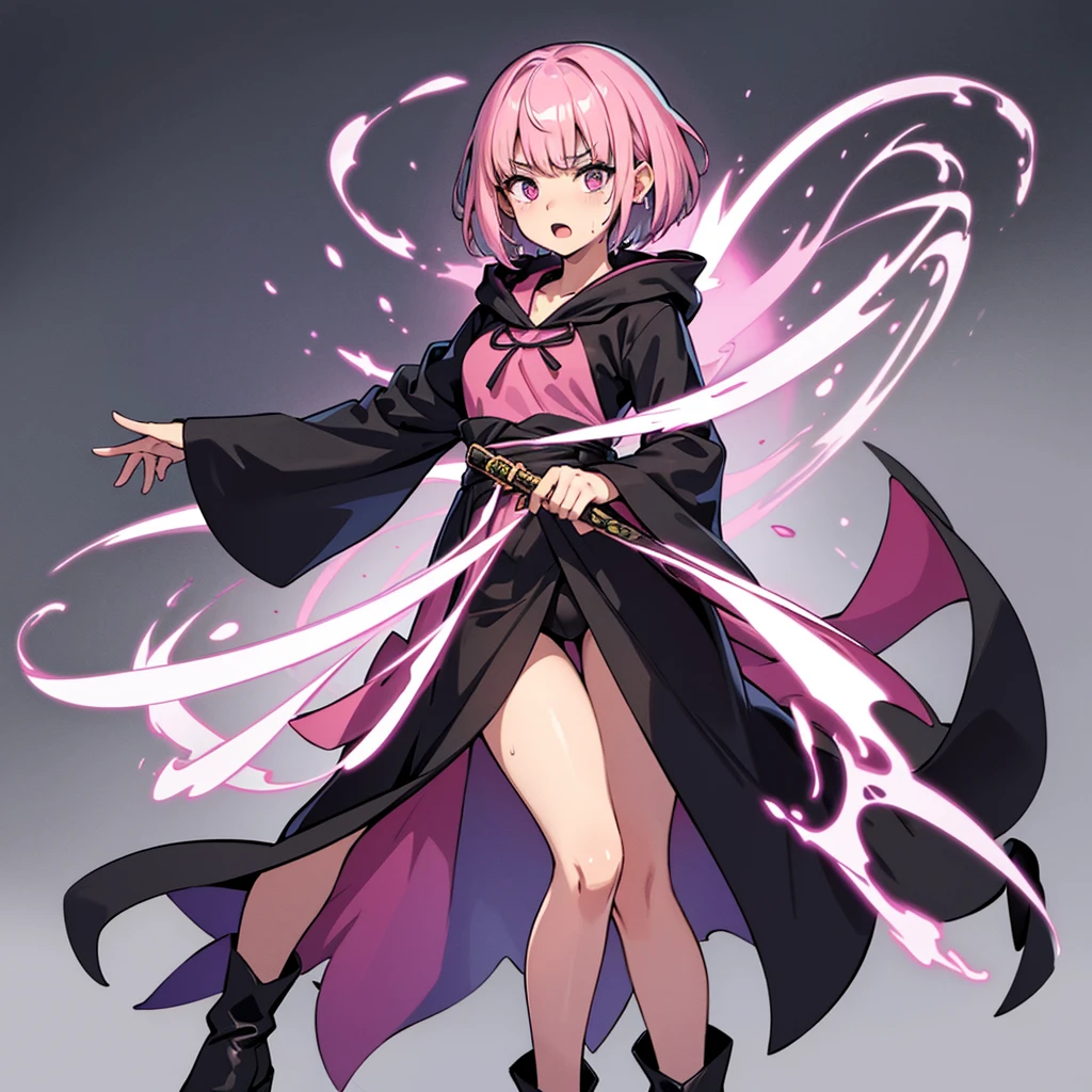 (Full body character concept)、Best illustrations、Best Quality、(Solo、23 years old)、(The same face:1.1),Medieval Fantasy、Magic wand,(White Background)、(Pink Hair、Very Short Hair、Align your bangs)、(Black hood、Long sleeve、Black Robe、pants、Knee-high boots)、(behindから、behind)、Run、(get annoyed、Open your mouth、Sweat)