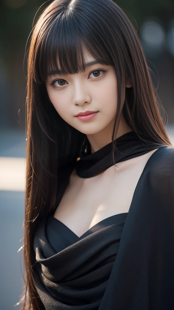 (Ultra-realistic), (figure), (Increased resolution), (8K), (Very detailed), (Best figure), (Beautiful and detailed), (Highest quality), (Super detailed), (masterpiece ), ( wallpaper), (Detailed face), alone, 1 Girl, View your viewers, Fine details, Detailed face, In the Dark, Deep Shadow, Modest, Pure Erotic Face Ace_v1, smile, Long Hair, Black shawl straight hair 46 point diagonal bangs