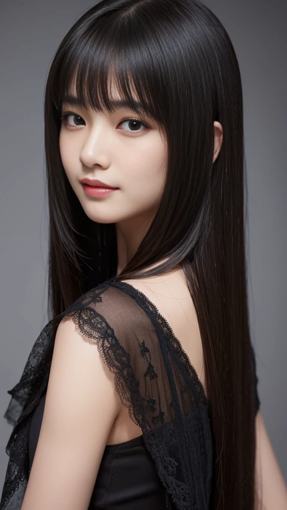 (Ultra-realistic), (figure), (Increased resolution), (8K), (Very detailed), (Best figure), (Beautiful and detailed), (Highest quality), (Super detailed), (masterpiece ), ( wallpaper), (Detailed face), alone, 1 Girl, View your viewers, Fine details, Detailed face, In the Dark, Deep Shadow, Modest, Pure Erotic Face Ace_v1, smile, Long Hair, Black shawl straight hair 46 point diagonal bangs
