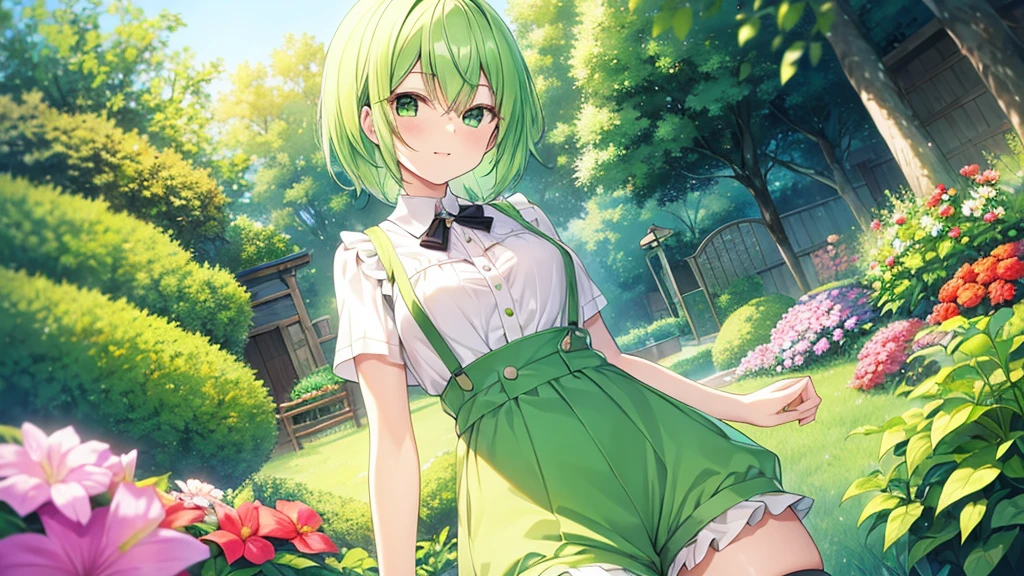 woman clear Light green hair suspenders Shorts Anime Style garden