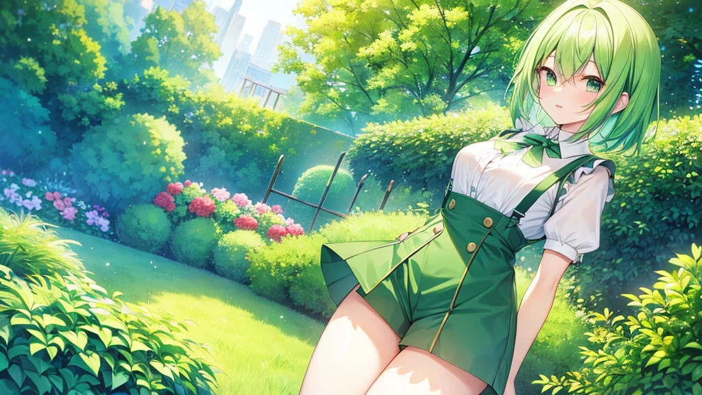 woman clear Light green hair suspenders Shorts Anime Style garden