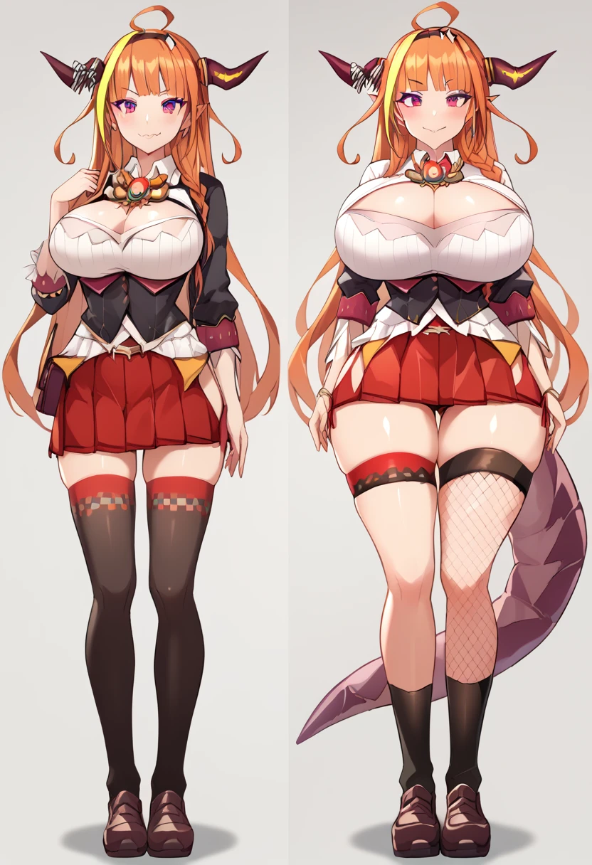 score_9, score_8_up, score_7_up, 1girl, kiryu_coco, kiryu_coco, coco_default, orange hair, long hair, streaked hair, single braid, black hairband, red eyes, pointy ears, horn bow, large breasts,, dragon tail, black jacket, white shirt, collared shirt, cleavage cutout, brooch, red skirt, single thighhigh, thigh strap, asymmetrical legwear, black sock, loafers, full body, sitting on coach, tr2nsf0rmati0n,transformation, before and after, fully clothed light-skinned female, bimbo, revealing clothes, barely clothed, breast expansion, ass expansion, huge breasts, huge ass, fishnets, presenting, seductive pose, seductive smile