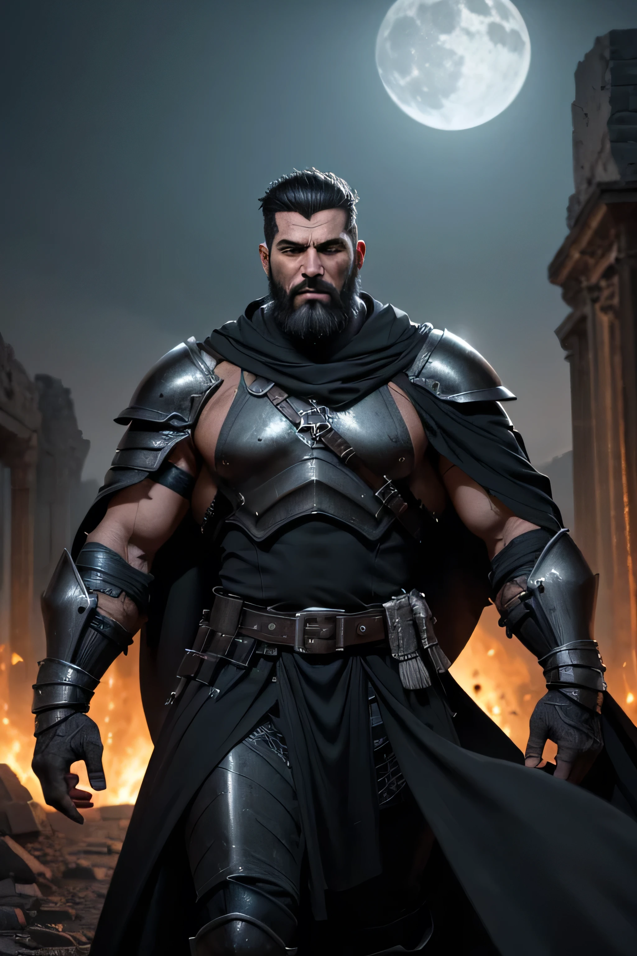 8K, high definition, high quality, highly detailed) Handsome Necromancer daddy. hyper-masculine. super muscular. gray eyes. full beard. wearing a half-plate armor. long black cape. summoning spirits. chanting. jet-black palette. dusk. desolate ruins on the background. blurred background.