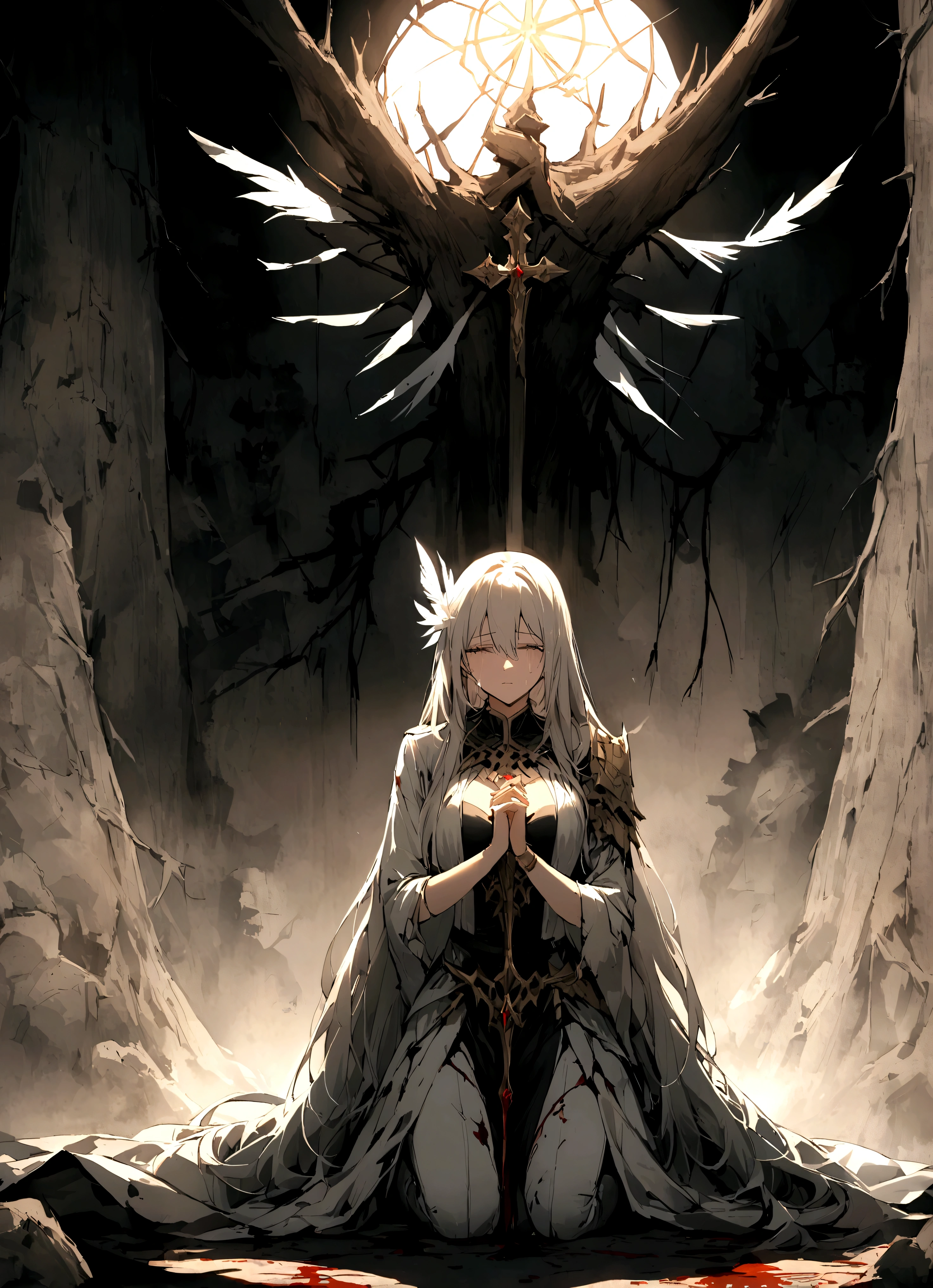 God's son,befall,(The background is the decaying earth,Dead Tree),Kneeling on the ground,pray,cry,Tears,Long hair,(Damaged clothing),Divine Light,White feather,Blood,The light of redemption