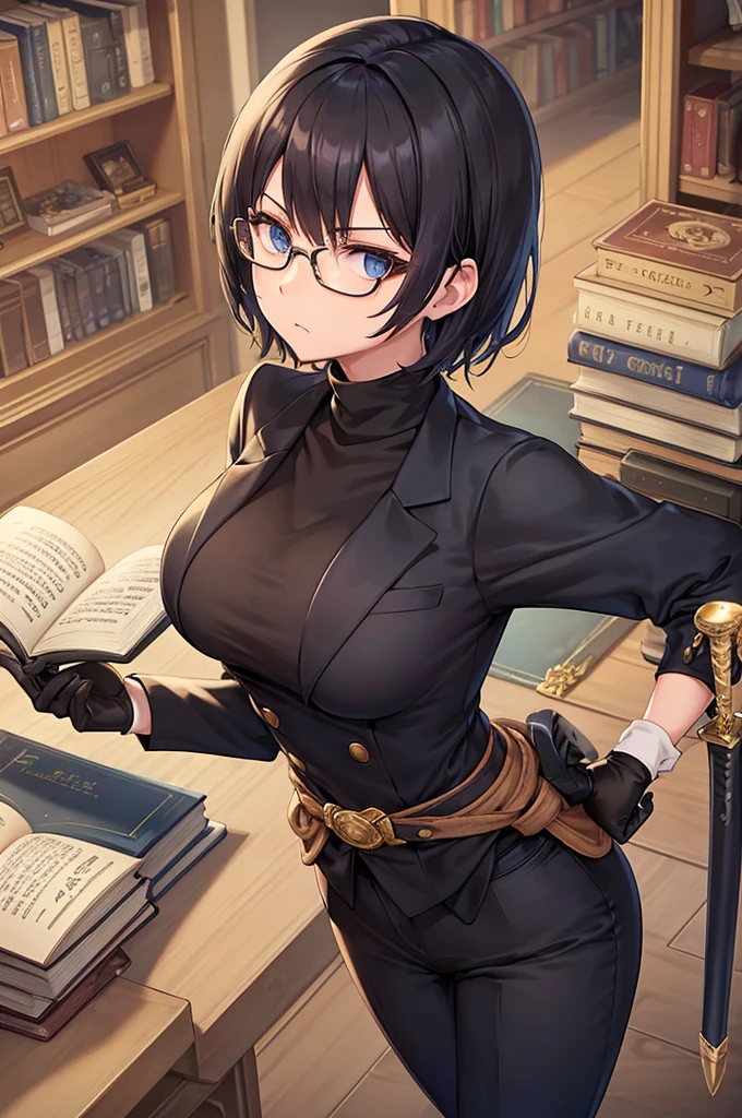books lying around, cream hair, tall, square glasses, black turtleneck, a beige two-button blazer, dark navy-blue pants, and a pair black gloves, looking at viewer, slightly short hair, female, slim, stern expression, short sword with a metal handle wrapped in leather bindings on her waist, standing, hand on waist