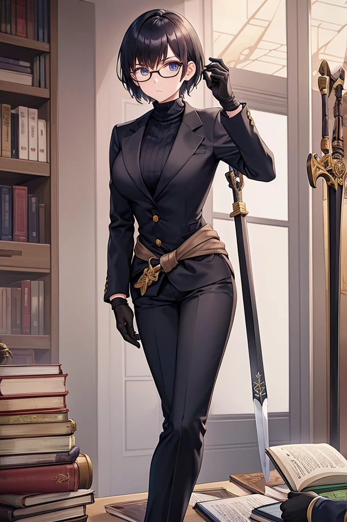 books lying around, cream hair, tall, square glasses, black turtleneck, a beige two-button blazer, dark navy-blue pants, and a pair black gloves, looking at viewer, slightly short hair, female, slim, stern expression, short sword with a metal handle wrapped in leather bindings on her waist, standing, hand on waist