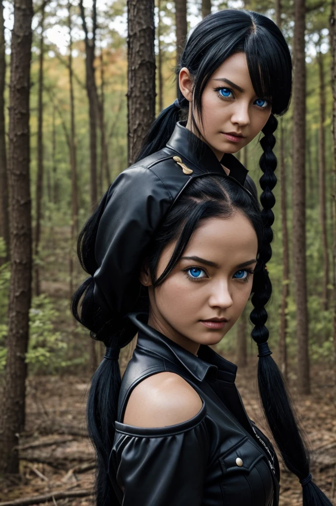 demon slayer,It generated a woman with black hair and two pigtails, blue eyes and a hunting suit. 