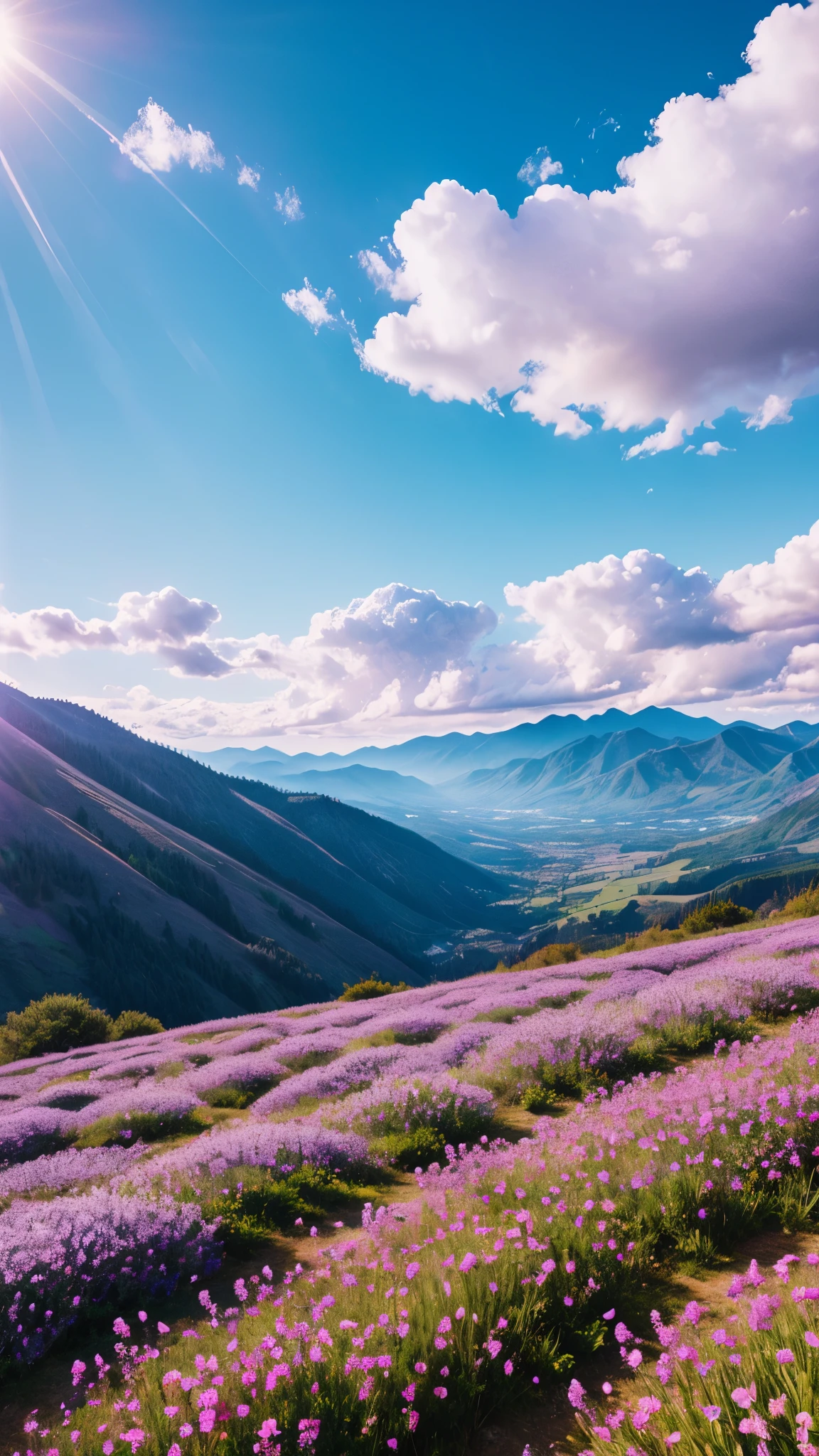 16K、High resolution、Top quality masterpiece、Mountains in the distance々Purple flowers in a field with a view, Pink flower field, Beautiful flower field, Fantastic flower field, The sun shines through the clouds、White sunshine