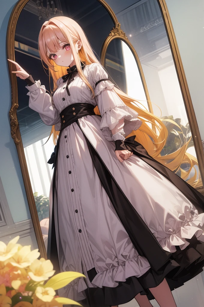1girl, masterpiece, highquality, yellow hair, pink eyes, ong hair, cute outfit, skirt, cute pose, magazine, long hair, model, mirror, modern fashion