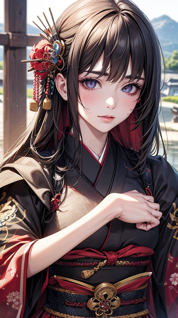 Highest quality, Ultra-high resolution, (Realistic: 1.4), Super beautiful, beautiful, Warrior, Japanese style Eyes that invite the viewer, Mistress's point of view, Attractive look, Sexy smile, Perfect Style, Perfect balance, Detailed skin full body shot, Mischievous Gaze, (Black Hair、ponytail:1.4), Droopy eyes、Japanese sword