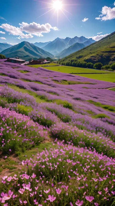 16k、high resolution、top quality masterpiece、mountains in the distance々purple flowers in a field with a view, pink flower field, ...