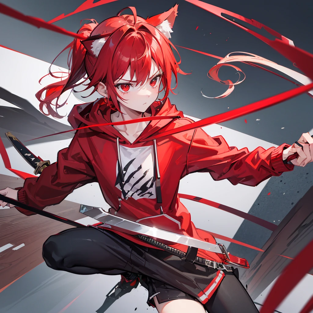 A high school boy with red hair, a ponytail, wolf ears, a red open hoodie and a wooden sword swinging around angrily