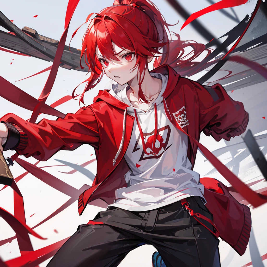 A high school boy with red hair, a ponytail, wolf ears, a red open hoodie and a wooden sword swinging around angrily