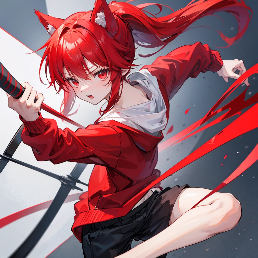 A high school boy with red hair, a ponytail, wolf ears, a red open hoodie and a wooden sword swinging around angrily