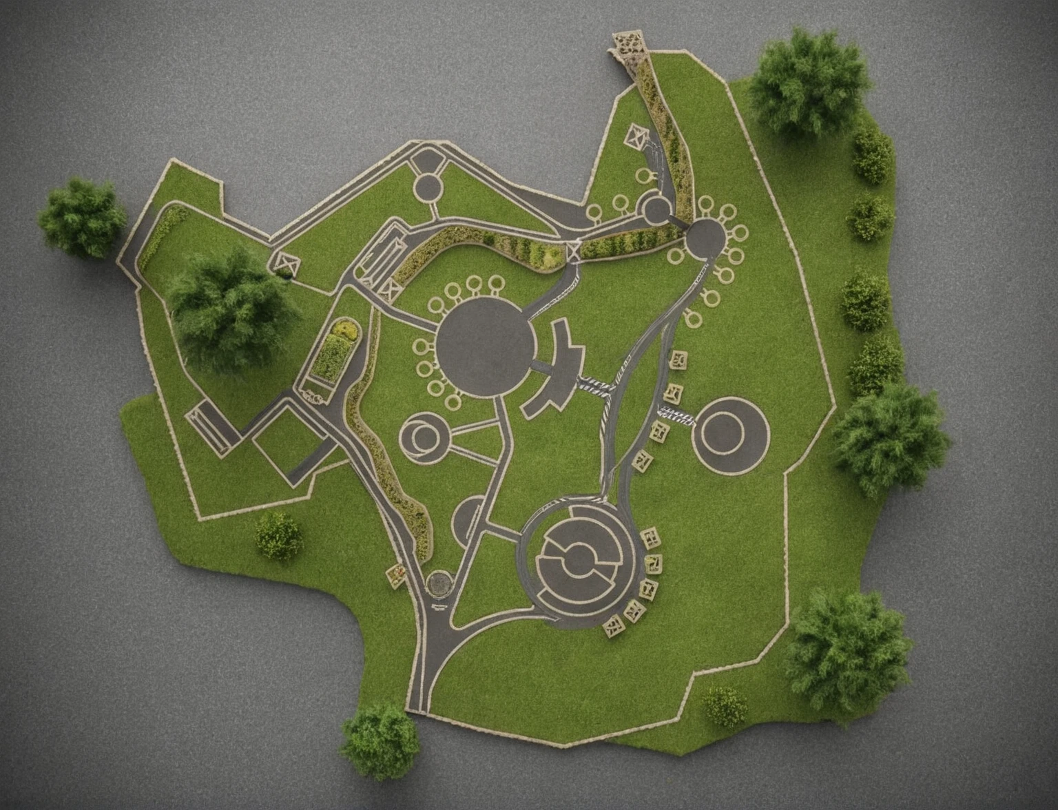 Masterpiece, high quality, best quality, authentic, super detail, outdoors, topview, masterplan, garden landscape, river across, road, pavement, grass, trees (day:1.1), realistic lighting
