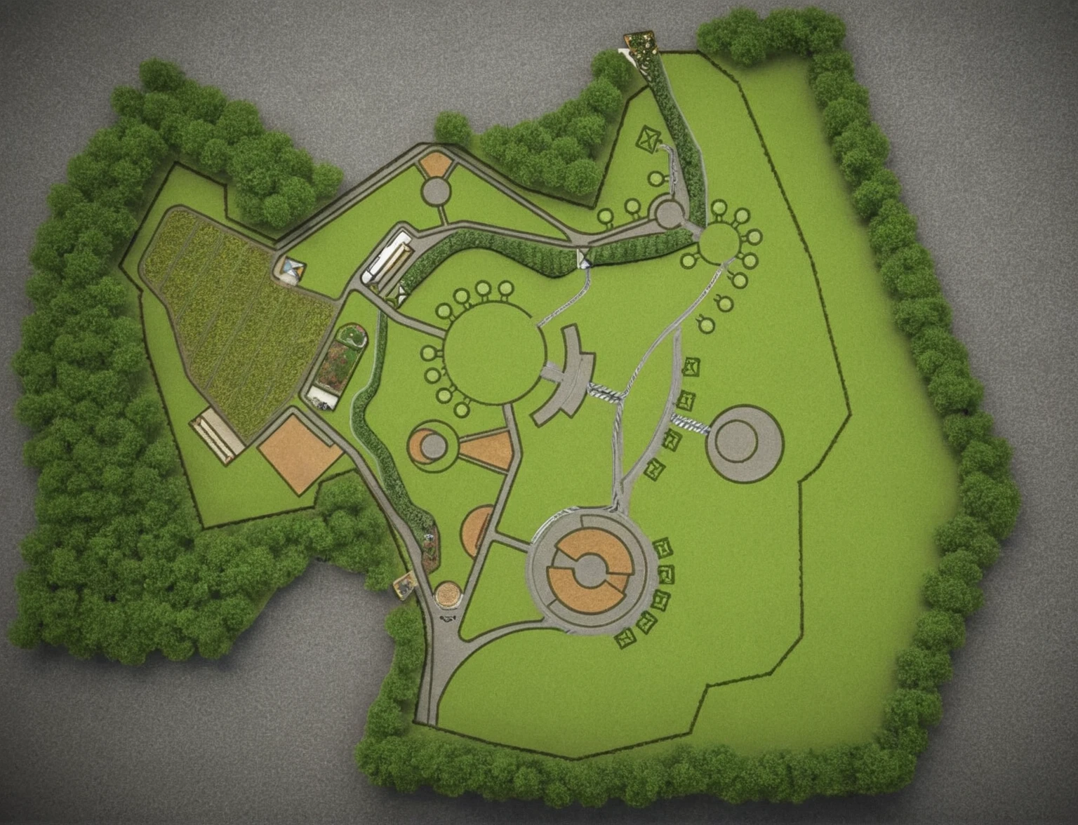 Masterpiece, high quality, best quality, authentic, super detail, outdoors, topview, masterplan, garden landscape, river across, road, pavement, grass, trees (day:1.1), realistic lighting