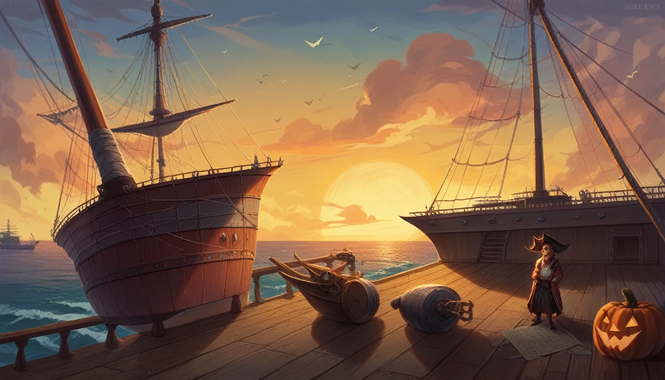 sunset, scary, ship, the blob, ship, halloween, pirate ship, ship, autumn, in the style of layered and atmospheric landscapes, detailed character design, bold shadows, passage, maranao art, dark orange, epic landscapes --ar 71128