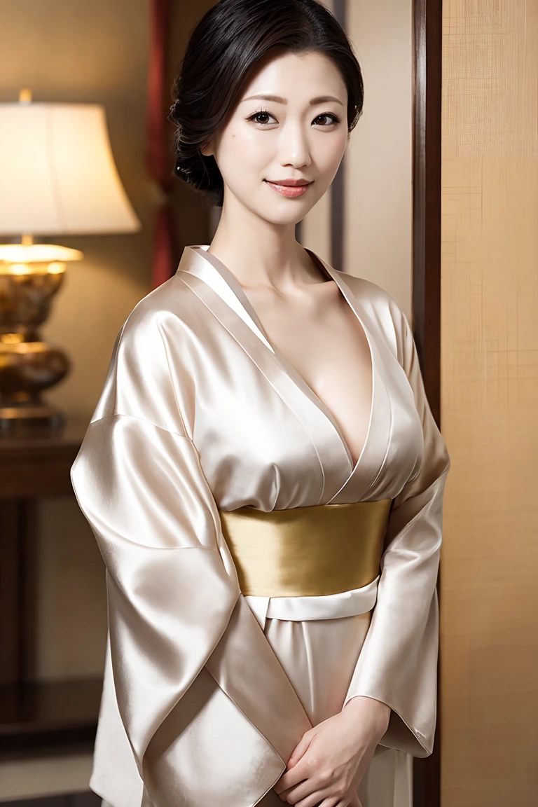 (Highest quality、Tabletop、8K、Best image quality、Award-winning works)、(1 Beautiful Mature Woman:1.1)、(Innkeeper:1.1)、(Elegant floral kimono:1.2)、(A perfect and precise V-neck kimono:1.2)、Perfect Mature Woman Portrait Photo、Glowing Skin、Standing Elegantly、(Blurred elegant luxury hotel background:1.3)、Glowing White Skin、Very white skin、(Accentuate your body lines:1.1)、(The most elegant posture:1.2)、(Cleavage:1.2)