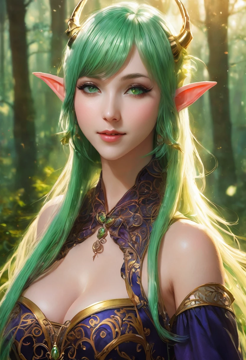 masterpiece, Highest quality, Very detailed, High resolution, An expensive solution, High resolution, masterpiece, depth, Fine texture, Highest quality, Total concentration, (very pretty anime Elf Girl), (Beautiful Gothic Elf Woman, Young Elves, Elf Girl, pretty girl, Young girl),Has horns on its headがある, Grin, smile, (Sexy underwear with beautiful details ), Light green eyes, Long eyelashes, eyeliner, Tight waist, ( Dark green hair), (Light Hair, Long Hair), bangs, Gradient Hair), Shiny Hair, Forest as a background, Fantasy art, High quality detailed art, A fusion of realism and colorful fantasy, Gothic art style, Fantasy art style, a beautiful fantasy Young Elves, CGI anime Fantasy artwork, charm, Seductive posture, Vibrant colors, 自信に満ちたsmile, gentle smile, Beautiful attention to detail, Beautiful lip detail, Very detailed目と顔, Long eyelashes, Vibrant colors, Professional, Very detailedな, Intricate details, Volumetric lighting, Lens flare, particle,(White and platinum color scheme), mysterious, mysteriousな.Has horns on its head