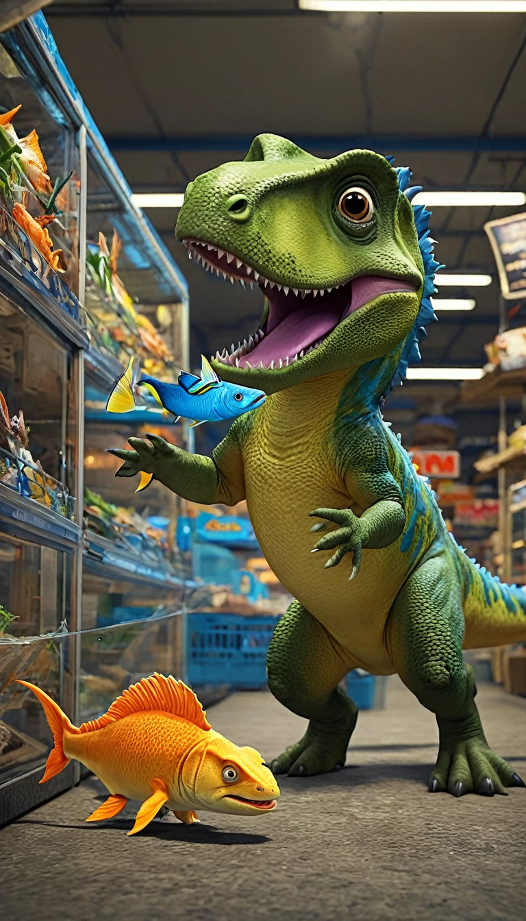 A still of a little dinosaur that just stole a fish from a fish store, Dinosaur escapes in the market,There's a human chasing behind me,Shallow depth of field, Vignette, Very detailed, High Budget, Bokeh, Widescreen, epic, Gorgeous, Film Grain, Granular,Dinosaur chased by fishmonger. This fish looks silvery.,Medium size. In the background, fishmonger shouts at dinosaurs. The scene is a street in an open-air market, There are stalls and people walking. photo, Wet film, 4K, 8K ,Ultra HD