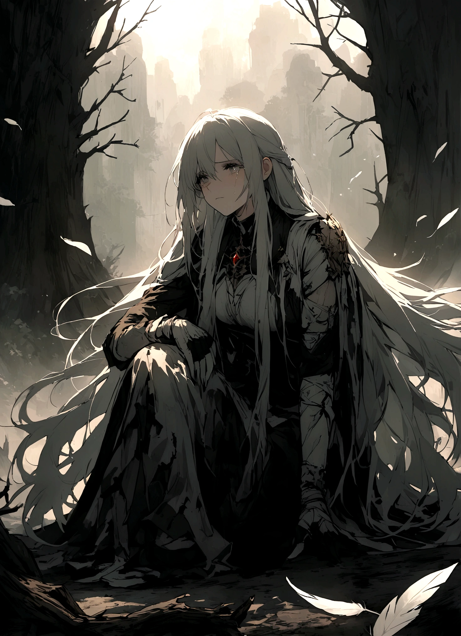God&#39;s son，befall，(The background is the decaying earth,Dead Tree)，Kneeling on the ground，pray，cry，Tears，Long hair，（Damaged clothing），Divine Light，White feather，Blood，The light of redemption