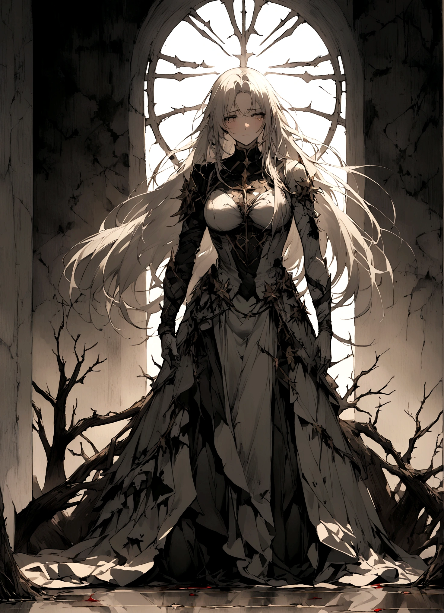 God&#39;s son，befall，(The background is the decaying earth,Dead Tree)，Kneeling on the ground，pray，cry，Tears，Long hair，（Damaged clothing），Divine Light，White feather，Blood，The light of redemption