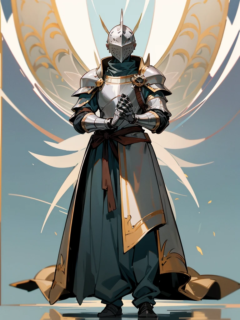 Male, wearing knight armor and full-face knight helmet, face covered by helmet, standing at attention, hands at sides, fully in frame, full body shot, facing viewer, lone figure, sole person, Fairy Tail, Fairy Tail style