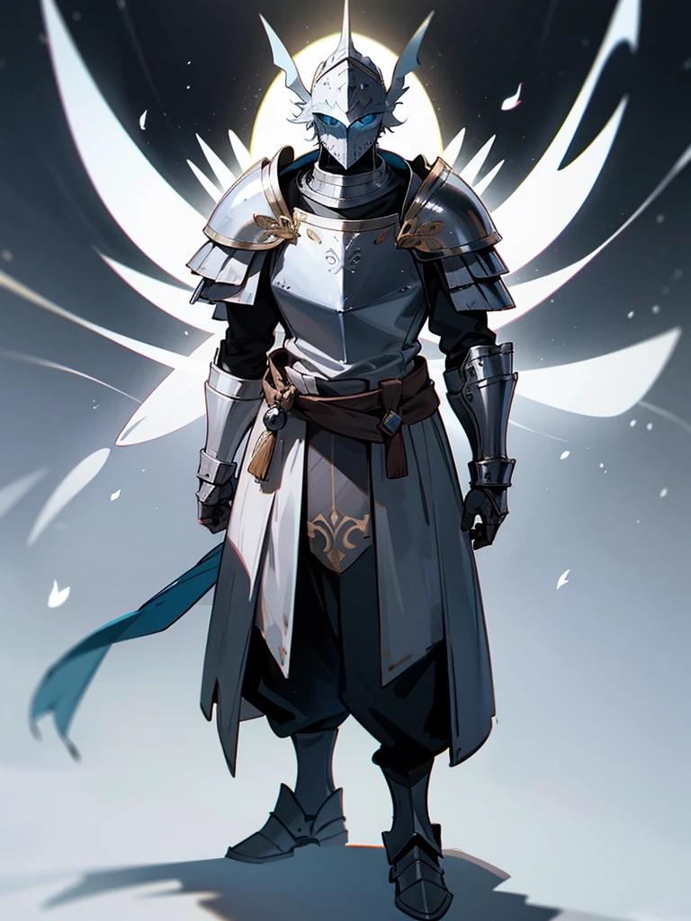 Male, wearing knight armor and full-face knight helmet, face covered by helmet, standing at attention, hands at sides, fully in frame, full body shot, facing viewer, lone figure, sole person, Fairy Tail, Fairy Tail style