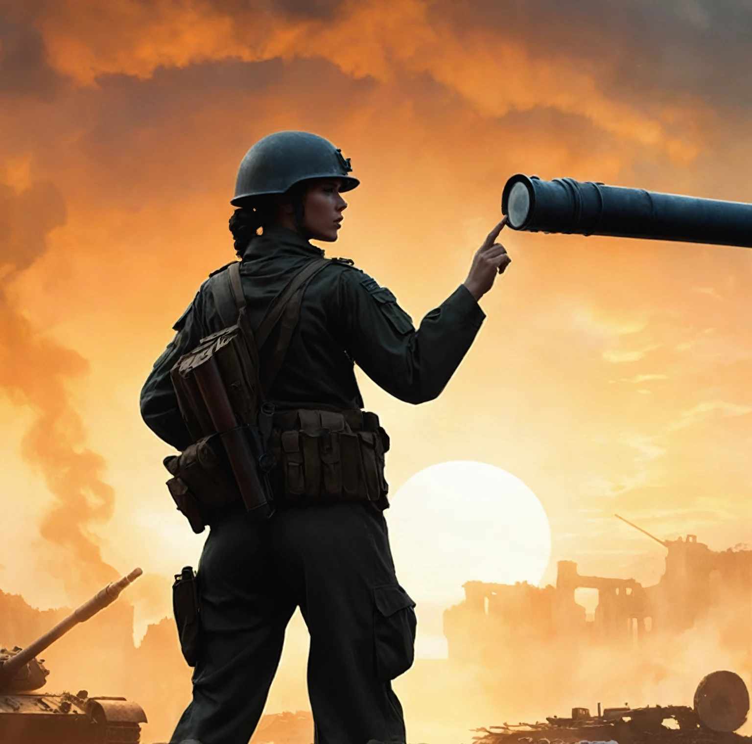 (A female soldier raised her hand to touch something,Background is the ruins of the city,Under the sunset:1.5)painting masterpiece, Extremely detailed, Black White Dark Steel Dark Blue Black Light Brown Dark Brown White Light Orange Dark Red Dark Green, Dramatic Lighting, evening, High contrast, steam, FOG, Israeli soldiers fighting with tanks on the battlefield, Movie Lighting, Aspect ratio of 16:9, steam, 4K, professional ominous Concept Art, author:artgerm and greg rutkowski, complex, elegant, Highly detailed digital painting, Concept Art, Smooth, Clear focus, illustration, Simon Starenhagen's style, Wayne Barlow, 和 igor kieryluk., Acrylic painting, Popular in pixiv Fan Box, Palette knife and brush strokes, Makoto Shinkai's styleJamie WiseJames GirardEdward HopperGreg RutkowskiStudio GhibliGenshin Impact