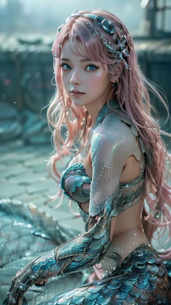 Ultra-detailed, master piece, best quality, high resolution, beautiful eyes, detailed eyes, detailed face, (super realistic photorealistic image:1.5), (cute and beautiful face, pink wavy hair, soft and light blue eyes that exude warmth and tenderness, tight body, covered with fish scales to emphasize her mermaid status, large and graceful fish tail in place of legs, which are also covered with scales and fused with cyberpunk electronics and tubes, elegantly dressed in a revealing kimono with traditional Japanese patterns:1.5) The lighting, colors, and mood of the scene are powerful and cinematic, with the beautiful seaside scenery and the soft glow of the city lights creating a magical atmosphere. The design and details are ultra-clear and detailed, emphasizing the mermaid-like appearance with prominent fish tails, shimmering skin scales, and cyborg elements, and the images are of the highest quality and ultra-realistic photography.