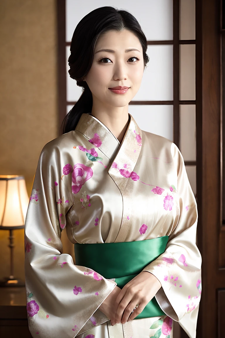 (Highest quality、Tabletop、8K、Best image quality、Award-winning works)、(1 Beautiful Mature Woman:1.1)、(Innkeeper:1.1)、(Elegant floral kimono:1.2)、(Perfect and accurate kimono:1.2)、Perfect Mature Woman Portrait Photo、Glowing Skin、Standing Elegantly、(Blurred elegant luxury hotel background:1.3)、Glowing White Skin、Very white skin、(Accentuate your body lines:1.1)、(The most elegant posture:1.2)、(Large Breasts:1.2)