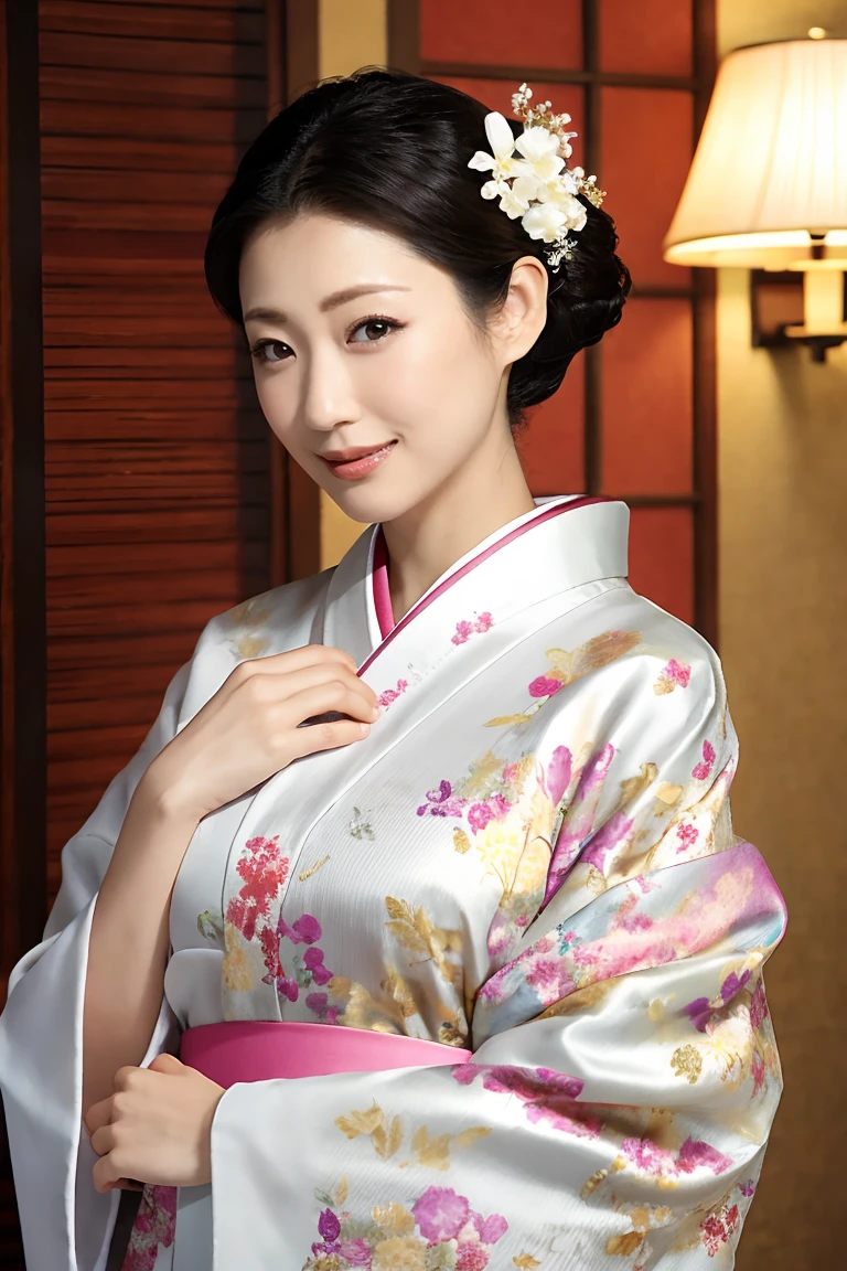 (Highest quality、Tabletop、8K、Best image quality、Award-winning works)、(1 Beautiful Mature Woman:1.1)、(Innkeeper:1.1)、(Elegant floral kimono:1.2)、(Perfect and accurate kimono:1.2)、Perfect Mature Woman Portrait Photo、Glowing Skin、Standing Elegantly、(Blurred elegant luxury hotel background:1.3)、Glowing White Skin、Very white skin、(Accentuate your body lines:1.1)、(The most elegant posture:1.2)、(Large Breasts:1.2)