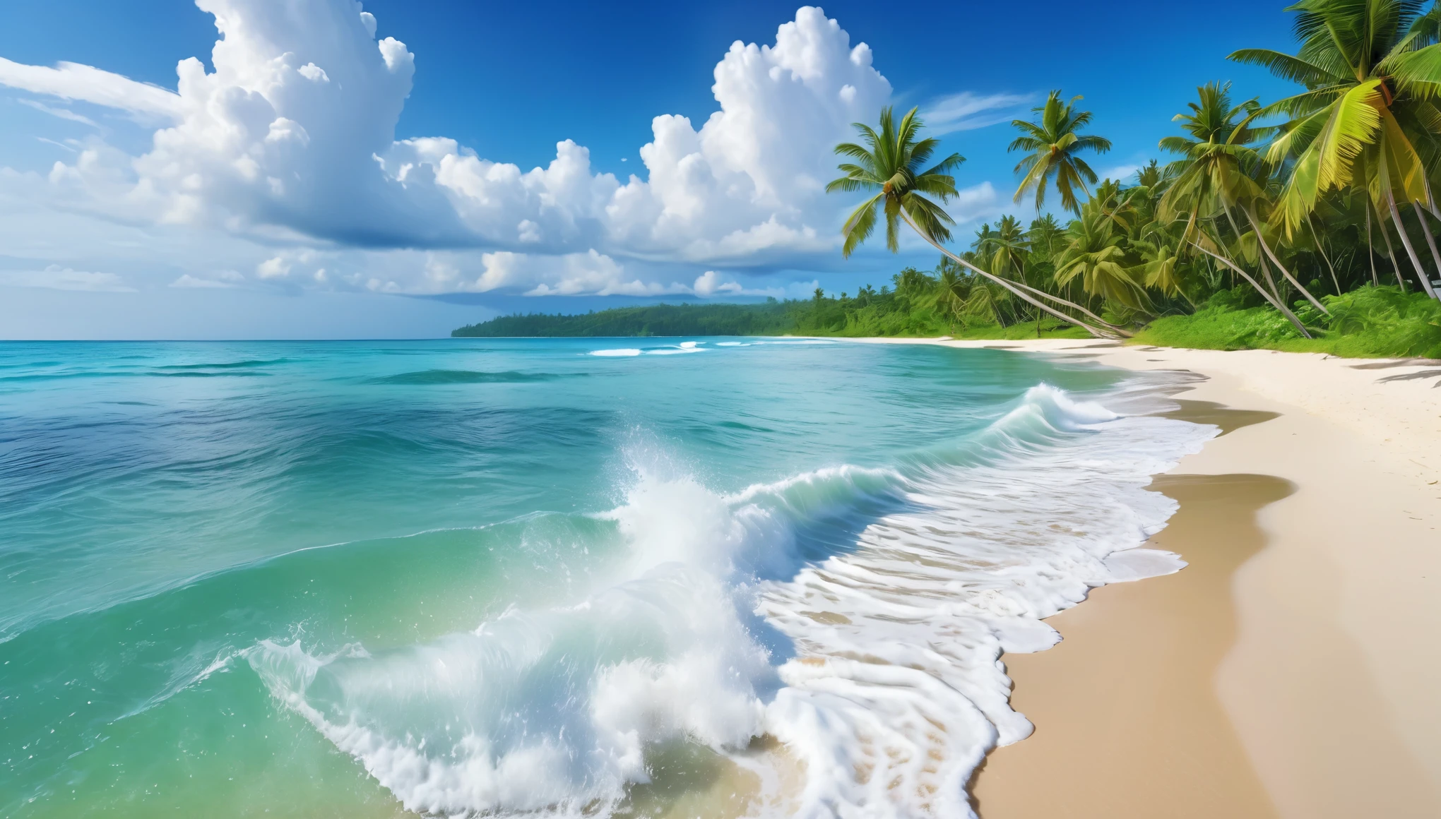 beautiful blue sea and white sand beach, big waves crashing on the sand, green coconut trees on the beach (masterpiece, ultra quality, high resolution, 8k, intricate: 1.2), (masterpiece), (best quality:1)