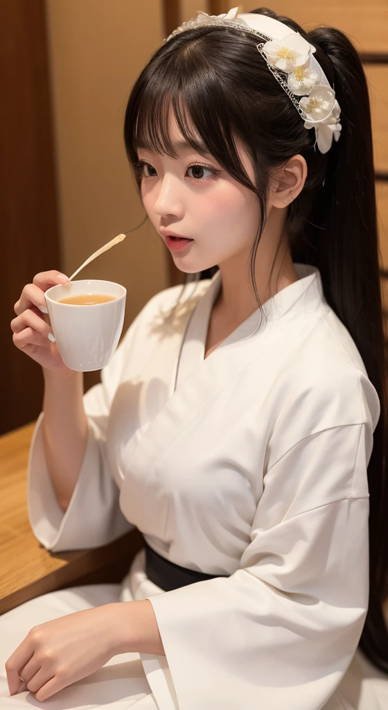 口の中に入れたSweet Sakeを吐く女性、Beauty、White formal wear、Edo Period、No exposure、Cup、Sweet Sake、Makgeolli、Sticking out tongue、saliva、Face close-up