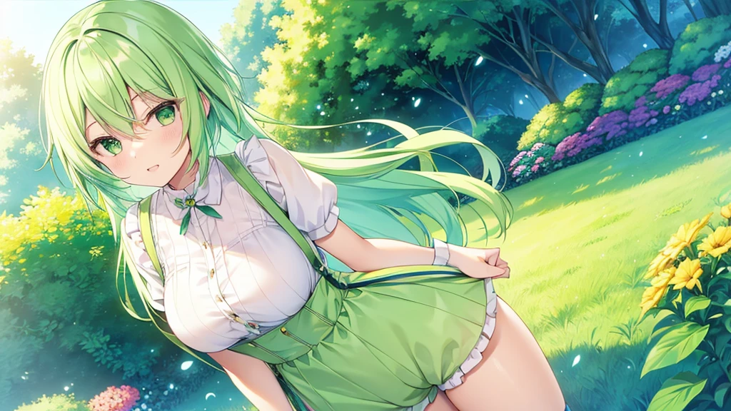 woman clear Light green hair suspenders Shorts Anime Style garden