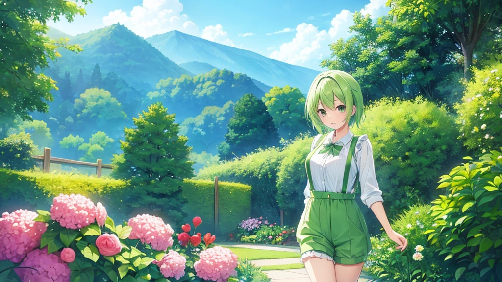 woman　clear　Light green hair　　suspenders　Shorts　Anime Style　garden
