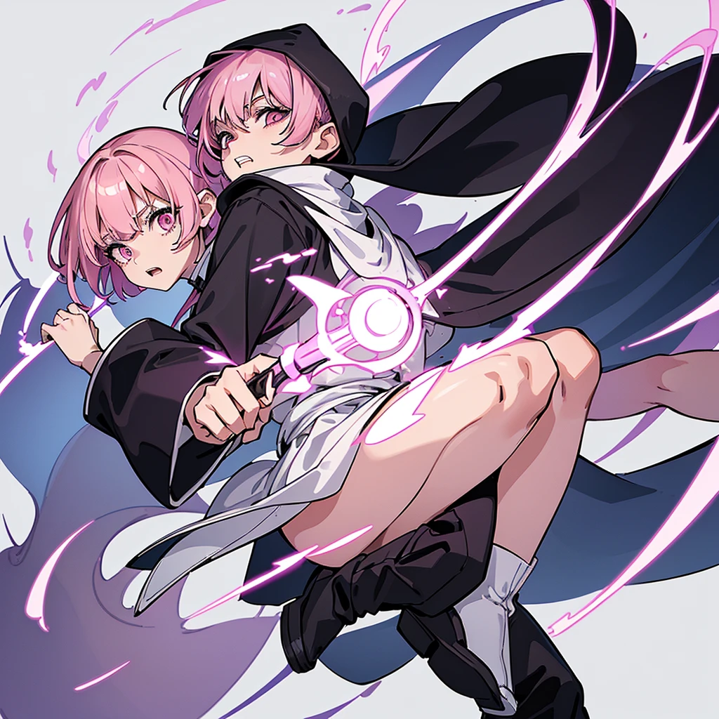 (Full body character concept)、Best illustrations、Best Quality、(Solo、23 years old)、(The same face:1.1),Medieval Fantasy、Magic wand,(White Background)、(Pink Hair、Very Short Hair、Align your bangs)、(Black hood、Long sleeve、Black Robe、pants、Knee-high boots)、(behindから、behind)、Run、(anxiety、Grit your teeth)