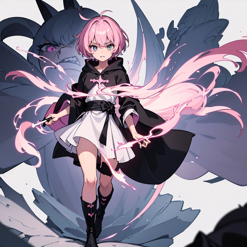 (Full body character concept)、Best illustrations、Best Quality、(Solo、23 years old)、(The same face:1.1),Medieval Fantasy、Magic wand,(White Background)、(Pink Hair、Very Short Hair、Align your bangs)、(Black hood、Long sleeve、Black Robe、pants、Knee-high boots)、(behindから、behind)、Run、(anxiety、Grit your teeth)