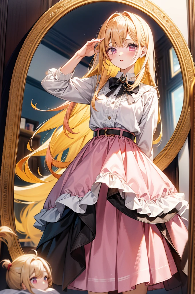 1girl, masterpiece, highquality, yellow hair, pink eyes, ong hair, cute outfit, skirt, cute pose, magazine, long hair, model, mirror, modern fashion