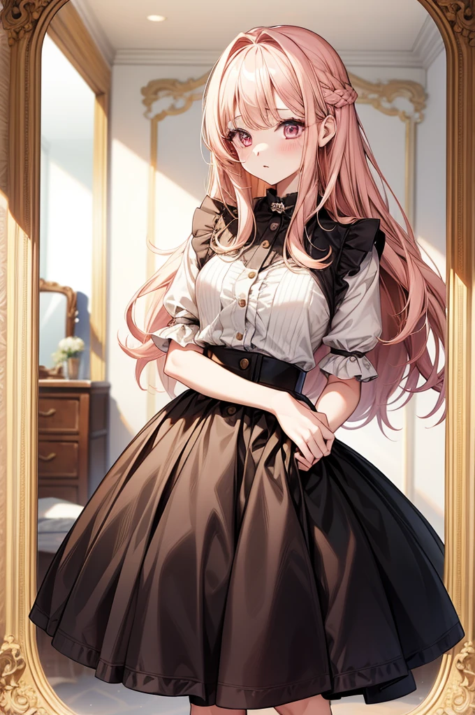 1girl, masterpiece, highquality, yellow hair, pink eyes, ong hair, cute outfit, skirt, cute pose, magazine, long hair, model, mirror, modern fashion